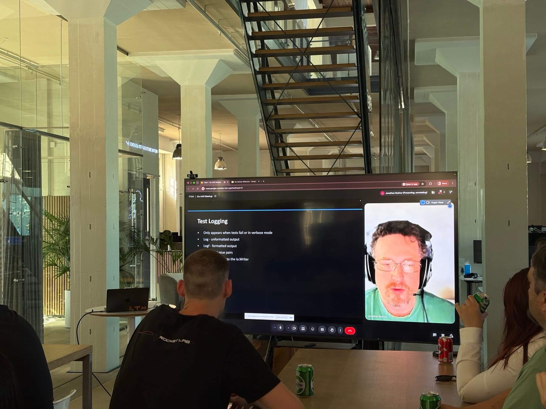 Jon Bodner presenting about Go testing remotely during the meetup