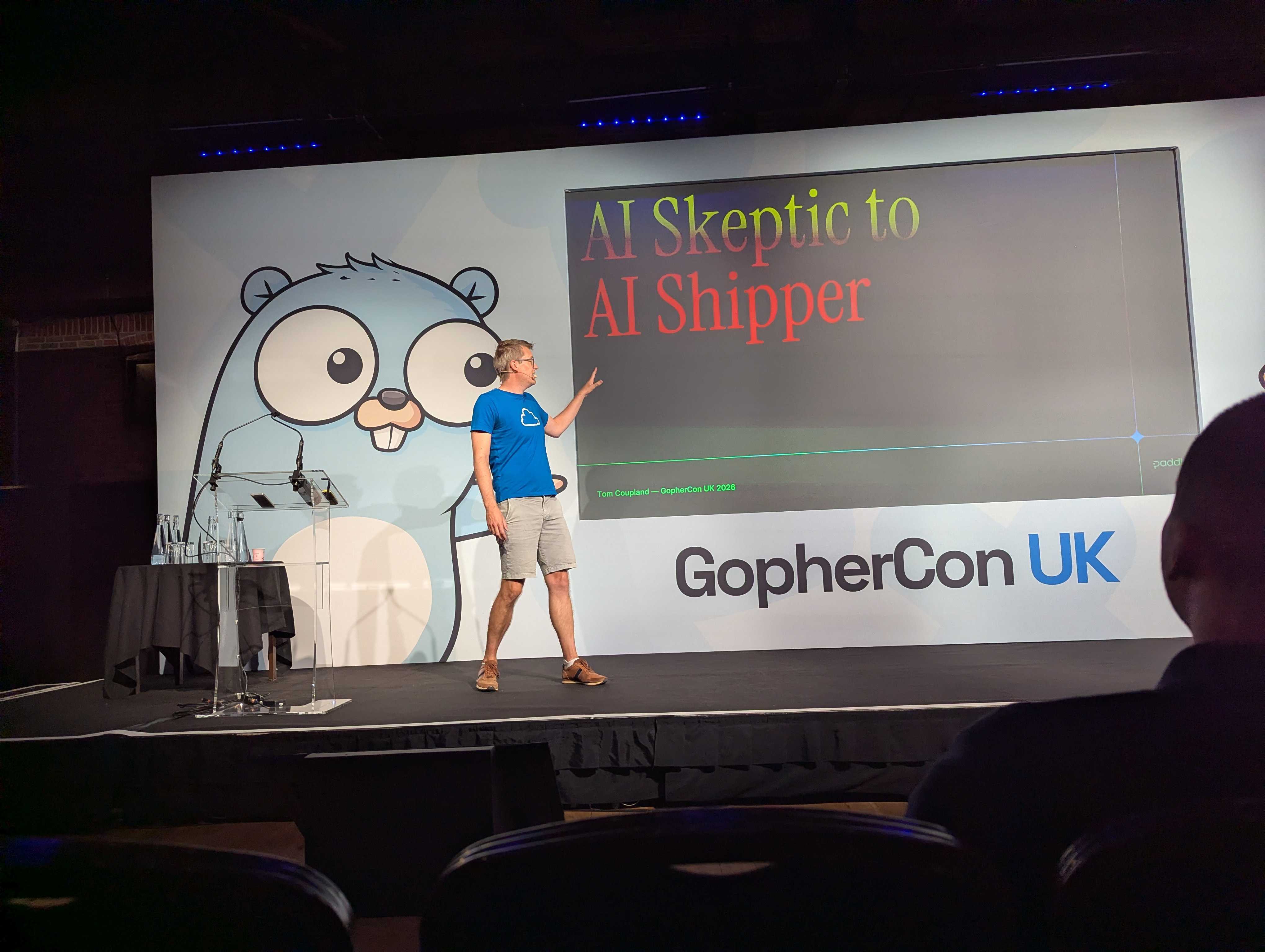 Tom Coupland presenting his AI talk at GopherCon UK 2026