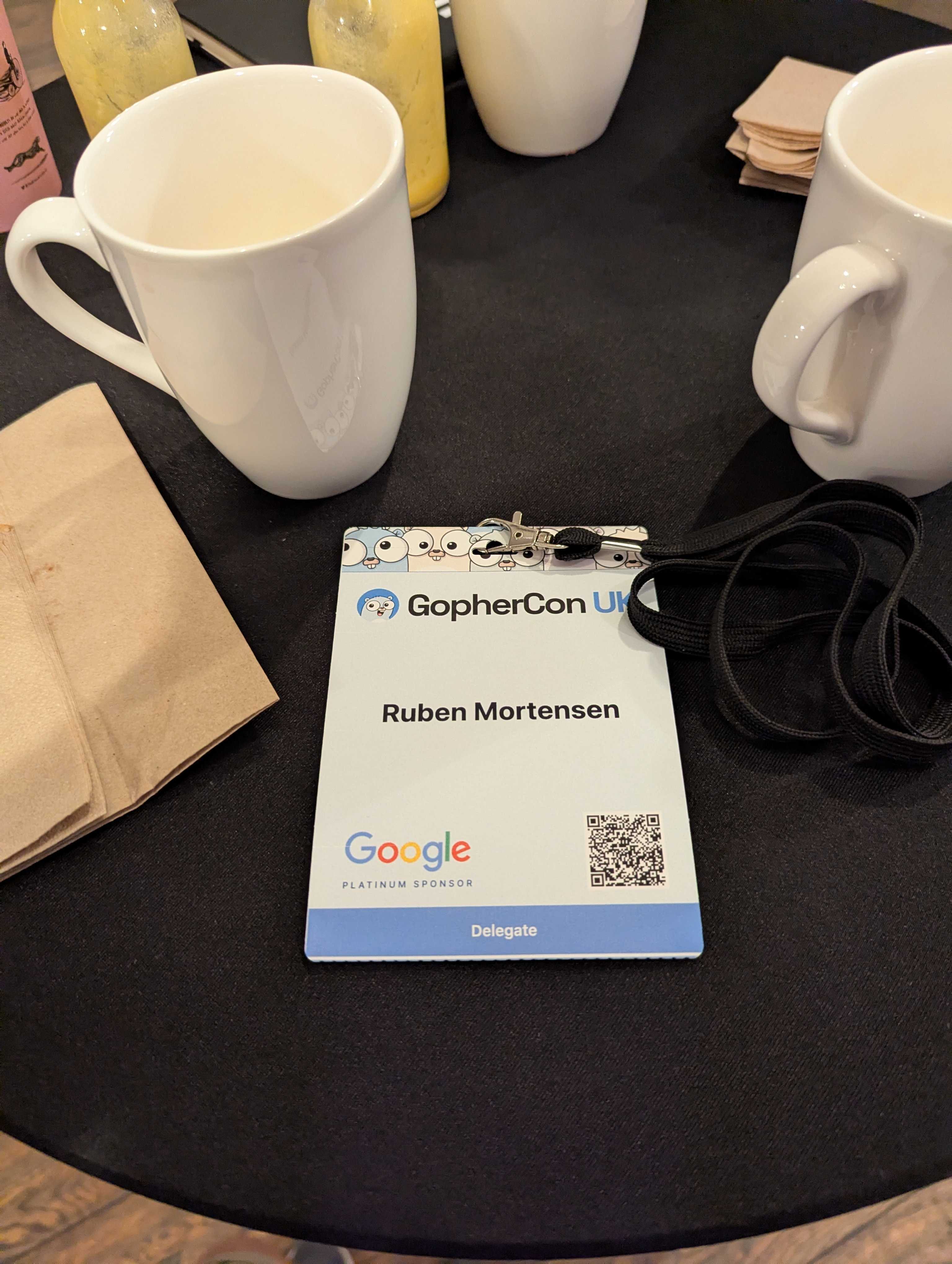 Ruben's GopherCon UK 2026 name badge