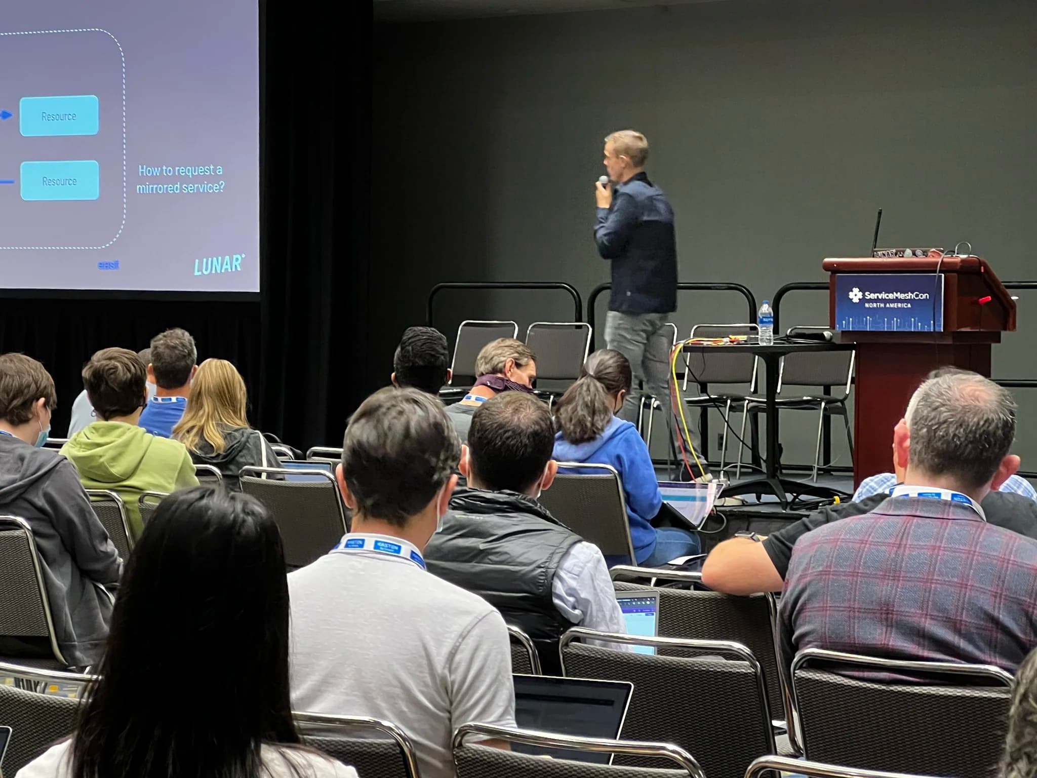 Me speaking at ServiceMeshCon, a co-located CloudNativeCon+KubeCon conference