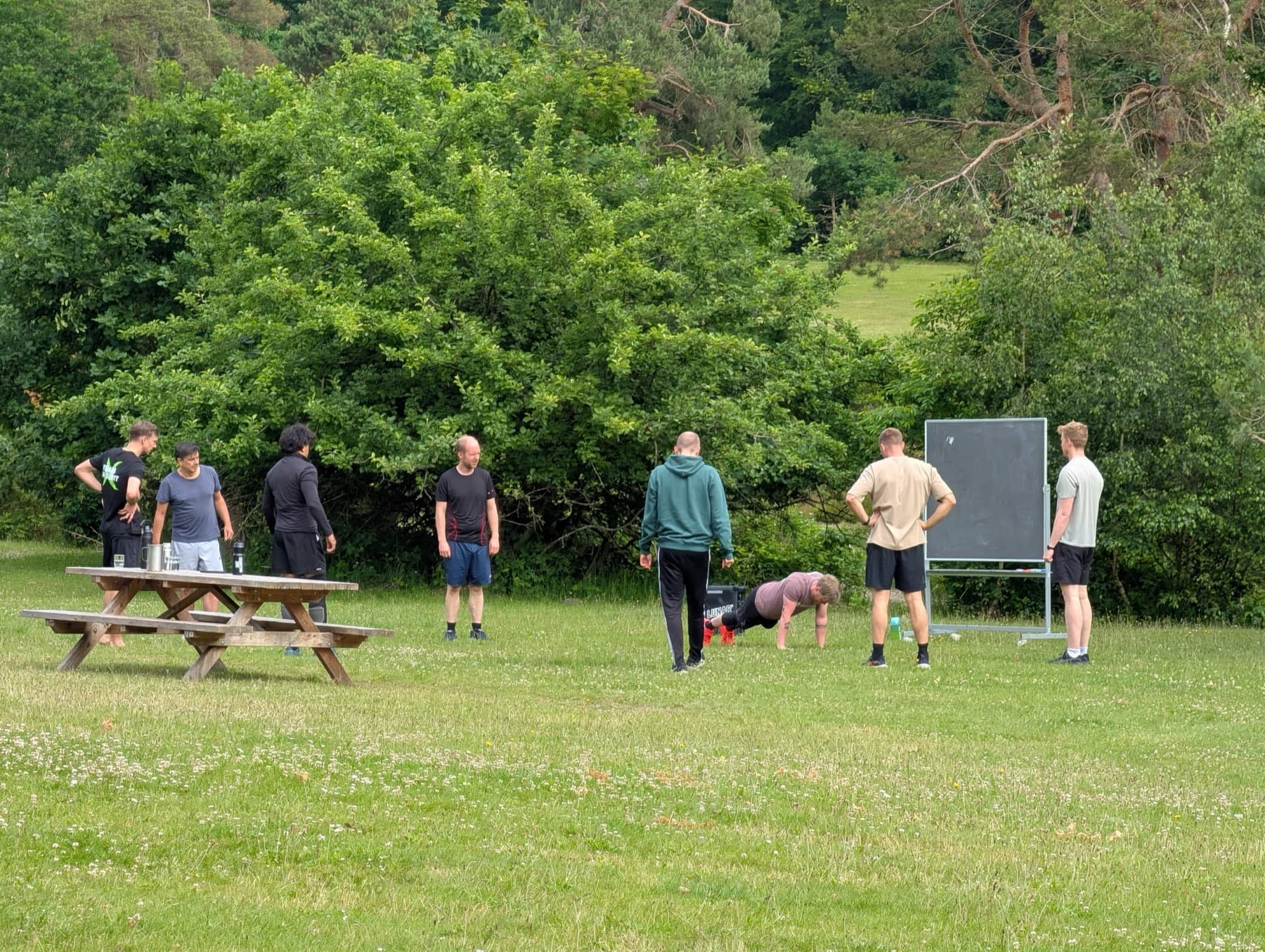 A morning workout on the grass before hacking continues