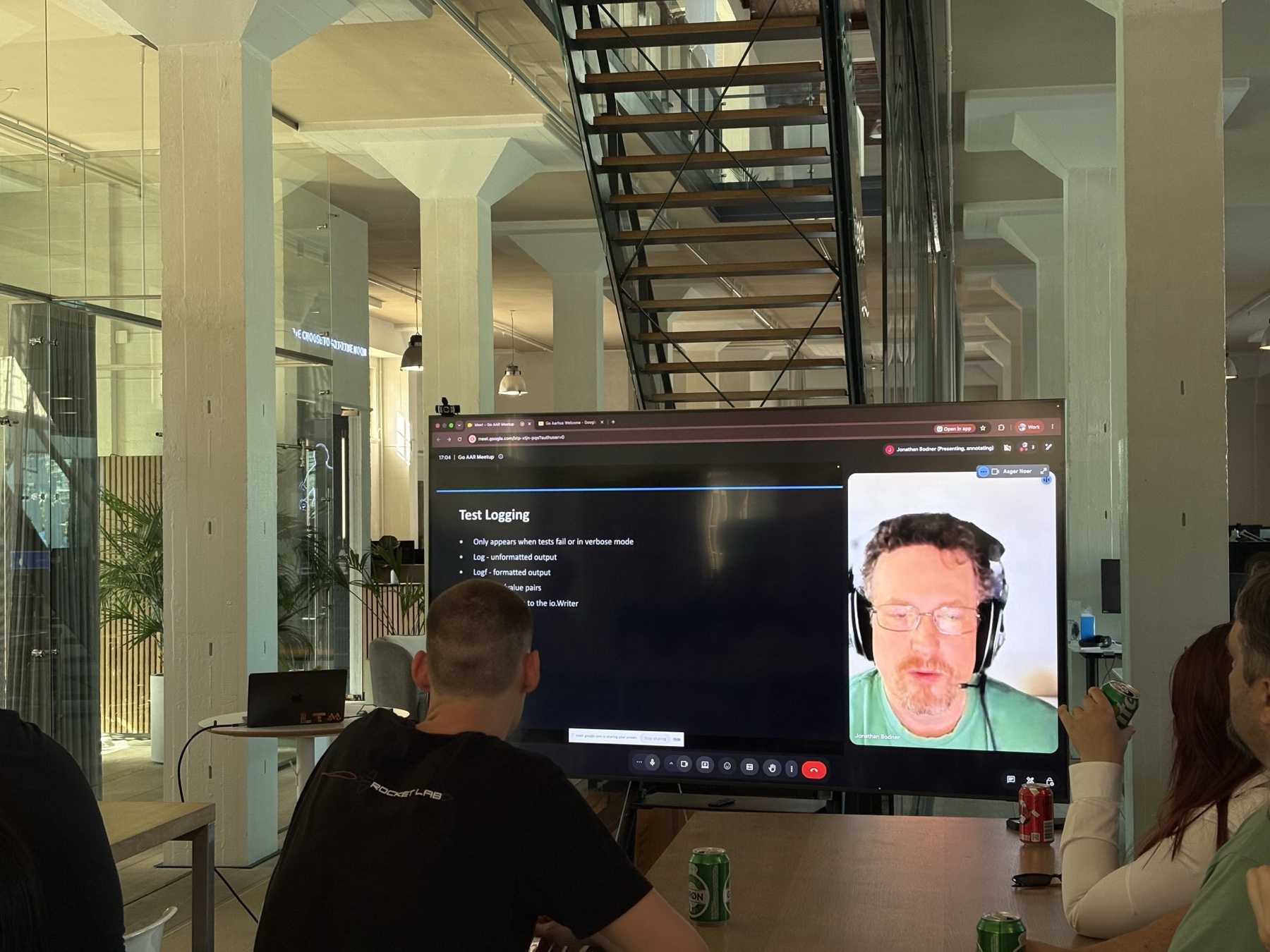 Jon Bodner presenting about Go testing remotely during the meetup